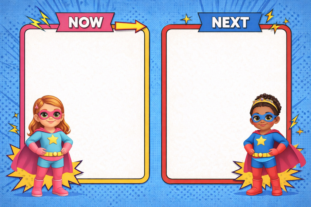 Super Girl Now And Next Board | Laminated A4 | SENsitive Hearts Ltd