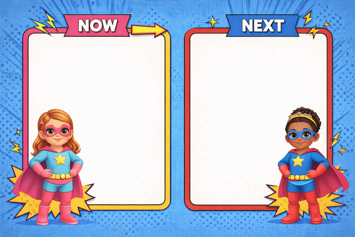 Super Girl Now And Next Board | Laminated A4 | SENsitive Hearts Ltd