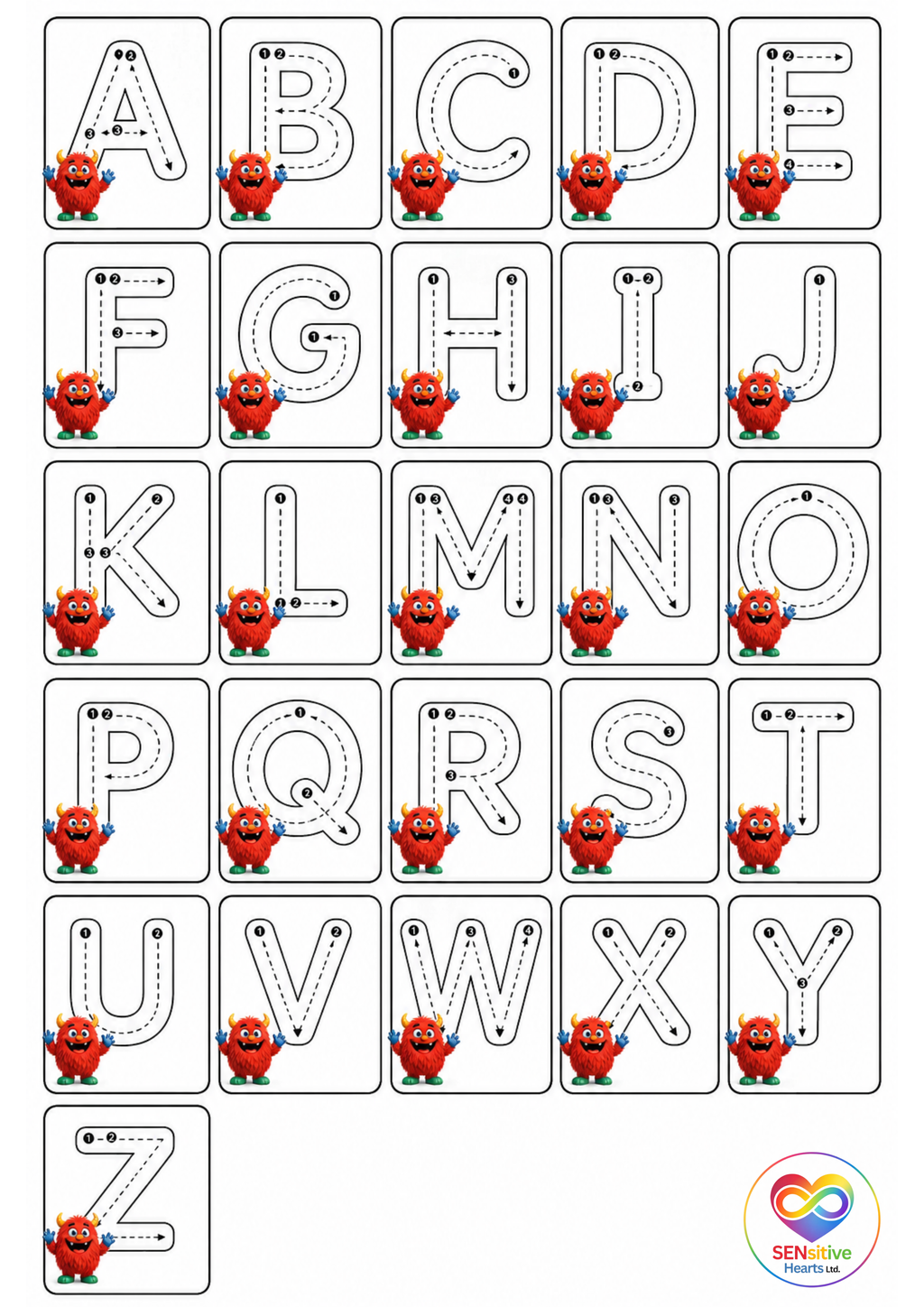 Roary & Rosie A - Z Tracing Pack | Laminated A4 |SENsitive Hearts Ltd