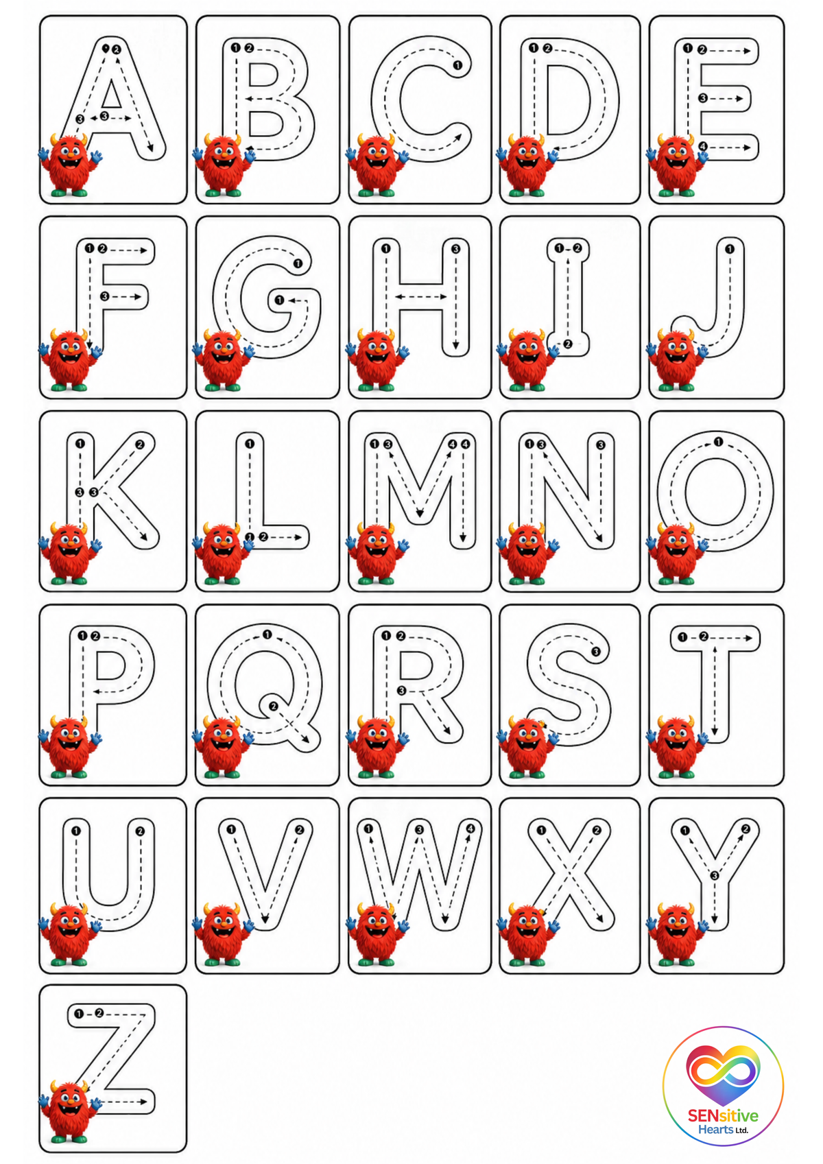 Roary & Rosie A - Z Tracing Pack | Laminated A4 |SENsitive Hearts Ltd