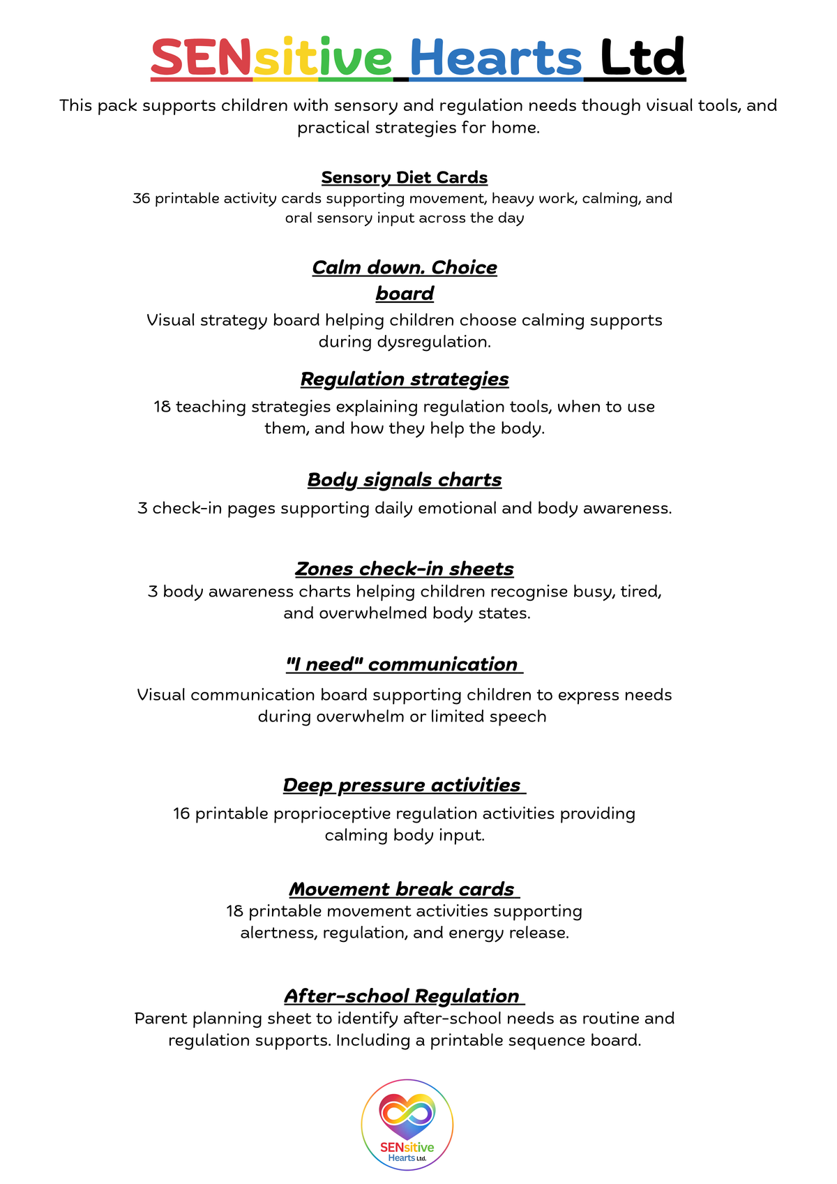 Regulation & Sensory Support Pack | Partially Laminated A4 | SENsitive Hearts Ltd