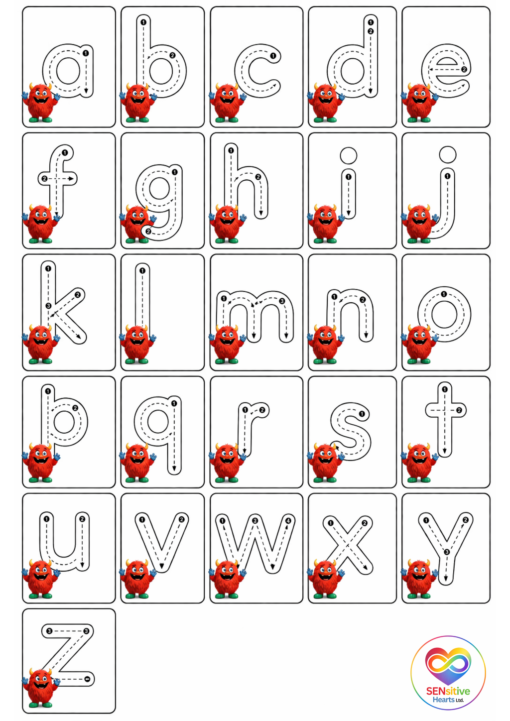 Roary & Rosie A - Z Tracing Pack | Laminated A4 |SENsitive Hearts Ltd