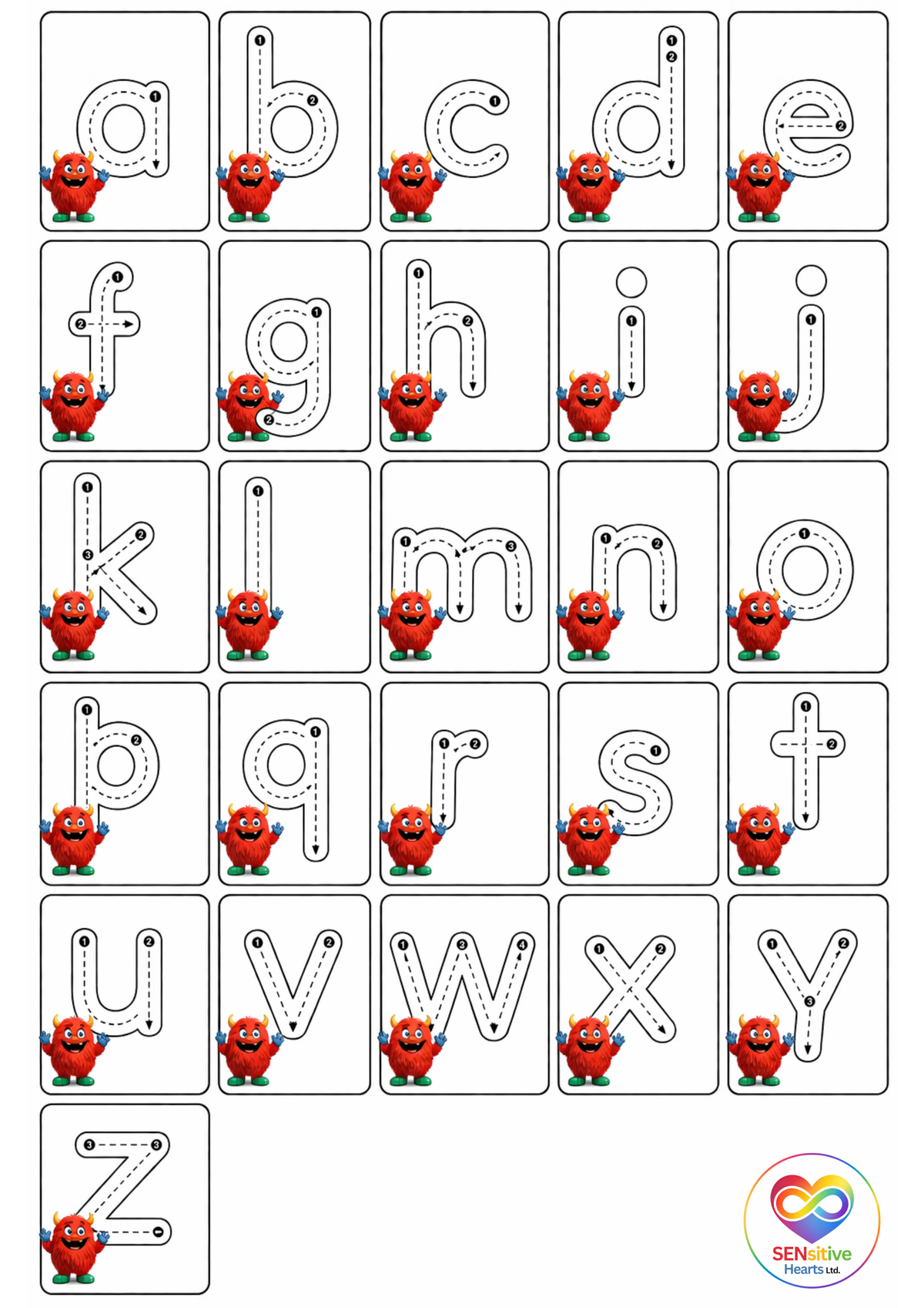 Roary & Rosie A - Z Tracing Pack | Laminated A4 |SENsitive Hearts Ltd